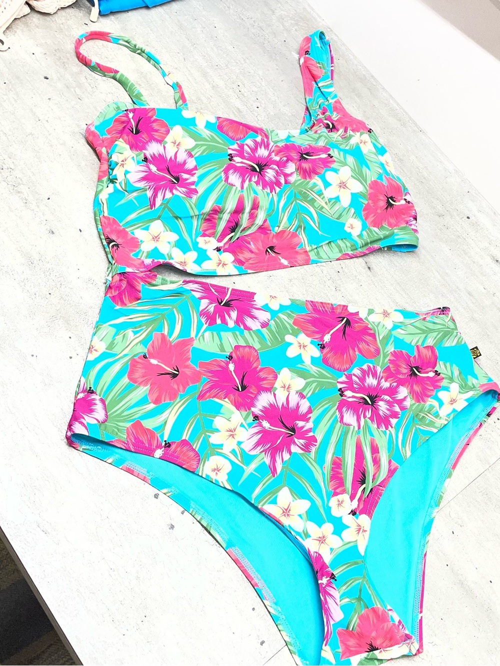 Aquarose Floral Bikini Set Womens Large Turquoise Pink Excellent High Waist